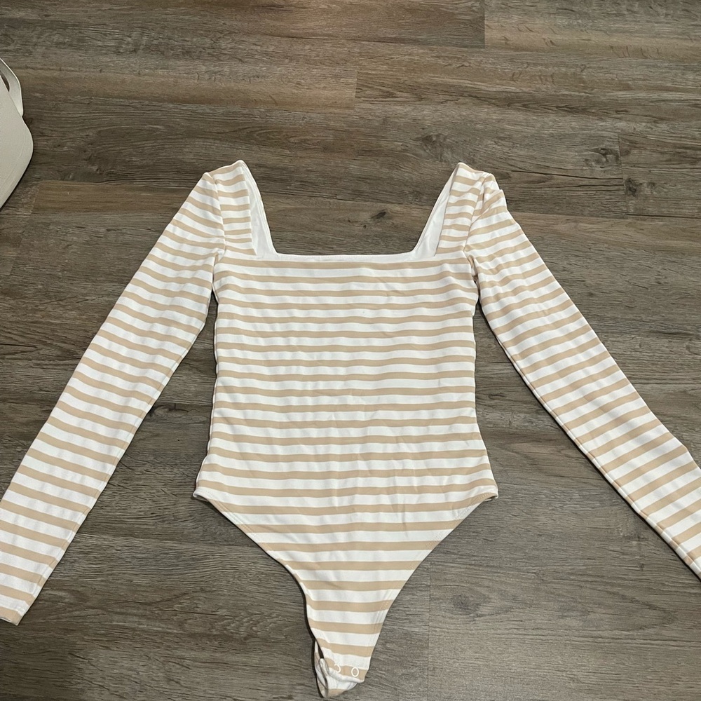 Aritzia Beige and White Striped Bodysuit
